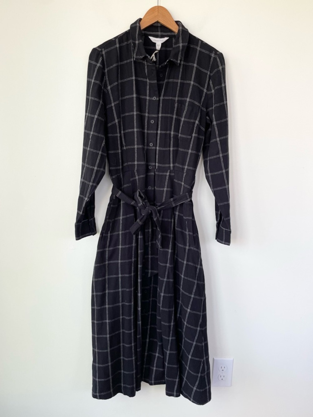 NWT Garnet Hill Organic-Cotton Flannel Midi Dress Black Grid size 12 Belted - Picture 3 of 11